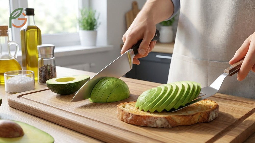 Slicing avocado for toast with thin diagonal cuts fanned out for an elegant and appetizing presentation.