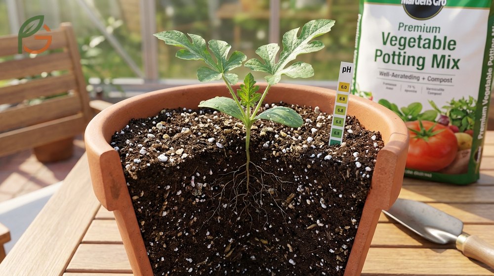 Soil mix for potted watermelon combines 50 percent potting soil with compost and perlite for drainage.