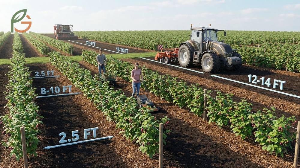 Spacing planting rows for black raspberries with canes 2.5 feet apart and 8 to 12 feet between rows.