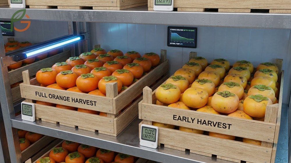 Storing unripe persimmons at room temperature between 65 and 75 degrees Fahrenheit allows proper ripening within a week.