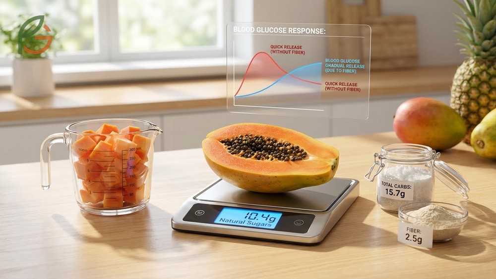 Sugar content in papaya analysis showing 10 grams of natural sugar per cup with fiber to slow absorption.