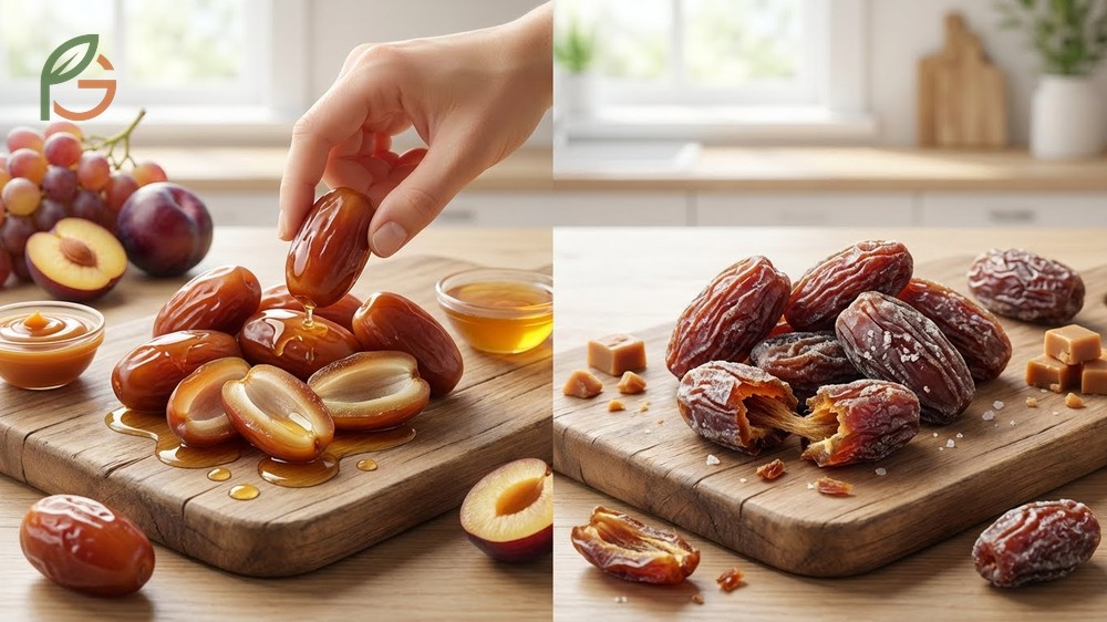 Taste and texture comparison of dates highlights the caramel softness of fresh dates versus the chewy toffee sweetness of dried dates.