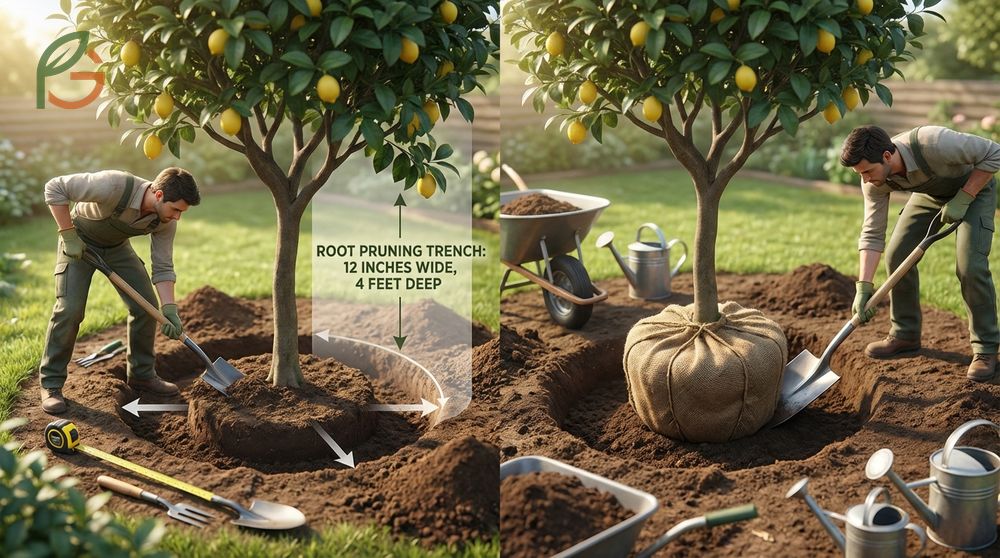 Transplanting lemon trees involves root pruning months in advance and ensuring proper drainage in the new planting site.