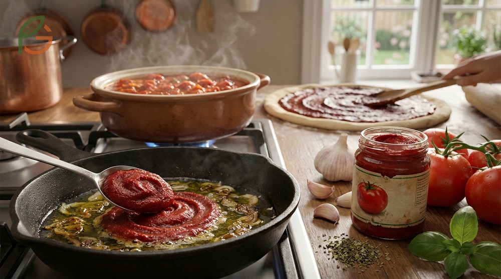 Tomato paste used for thickening sauces and adding concentrated flavor to stews and braises.