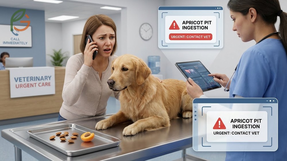 Immediate veterinary contact is required if a dog eats an apricot pit to treat potential cyanide poisoning.