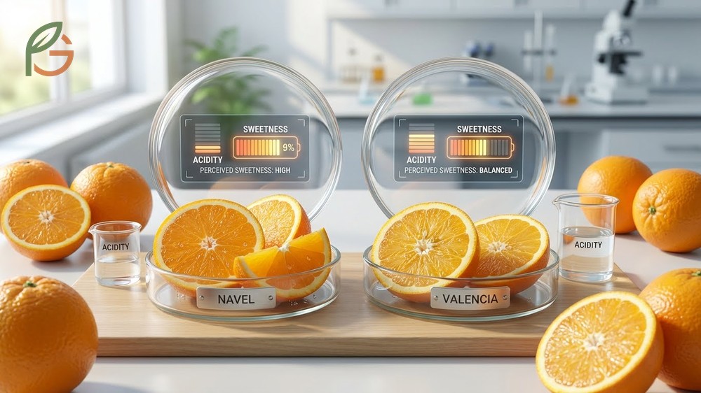 Which orange sweeter depends on the sugar to acid ratio with Navels offering a candy like flavor profile.