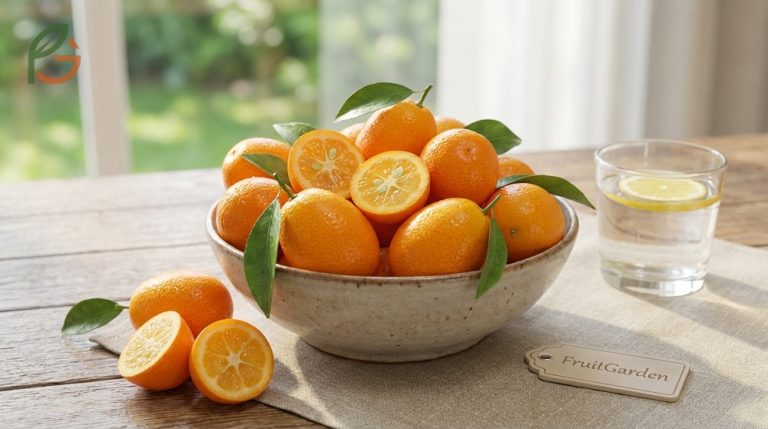 Calories in kumquats presented as a healthy snack option with just 71 calories per 100g serving.