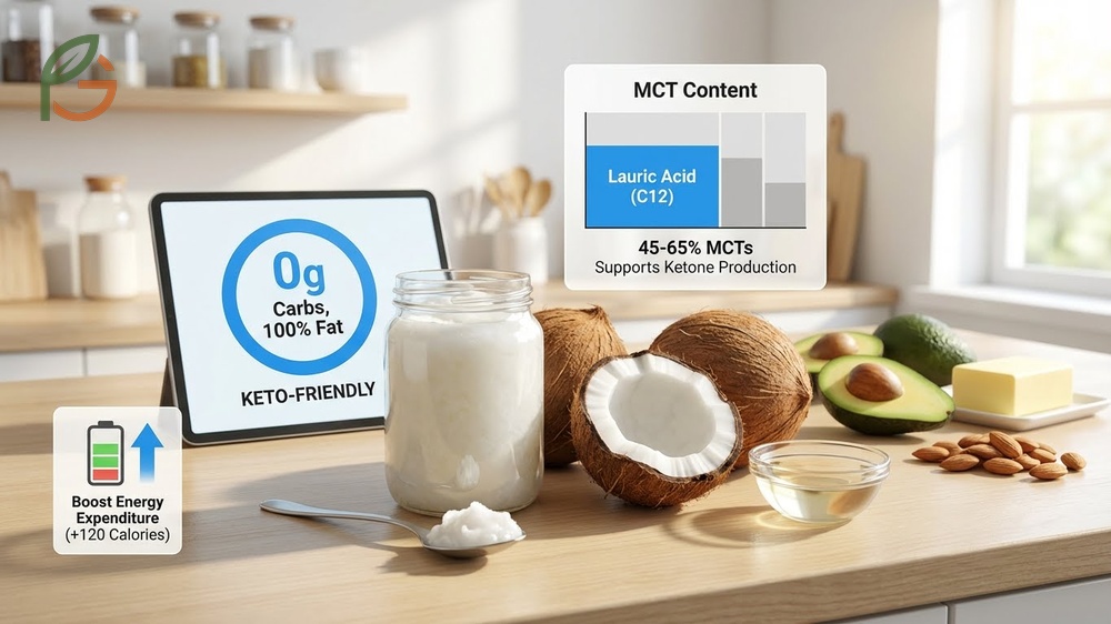 Coconut oil keto benefits highlighting the zero carb profile and rapid ketone conversion from MCTs.