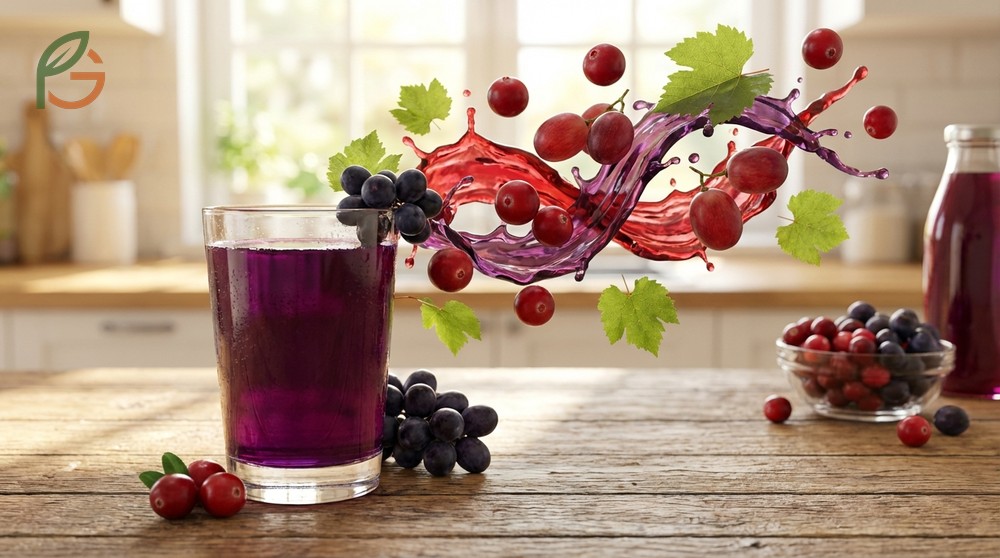 Dark purple cranberry grape juice rich in antioxidants and flavonoids for cardiovascular health support.