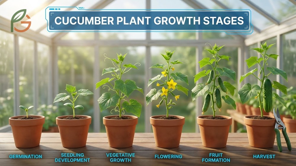 Cucumber plant stages of growth progress from seedling development to vegetative vines and final fruit production.