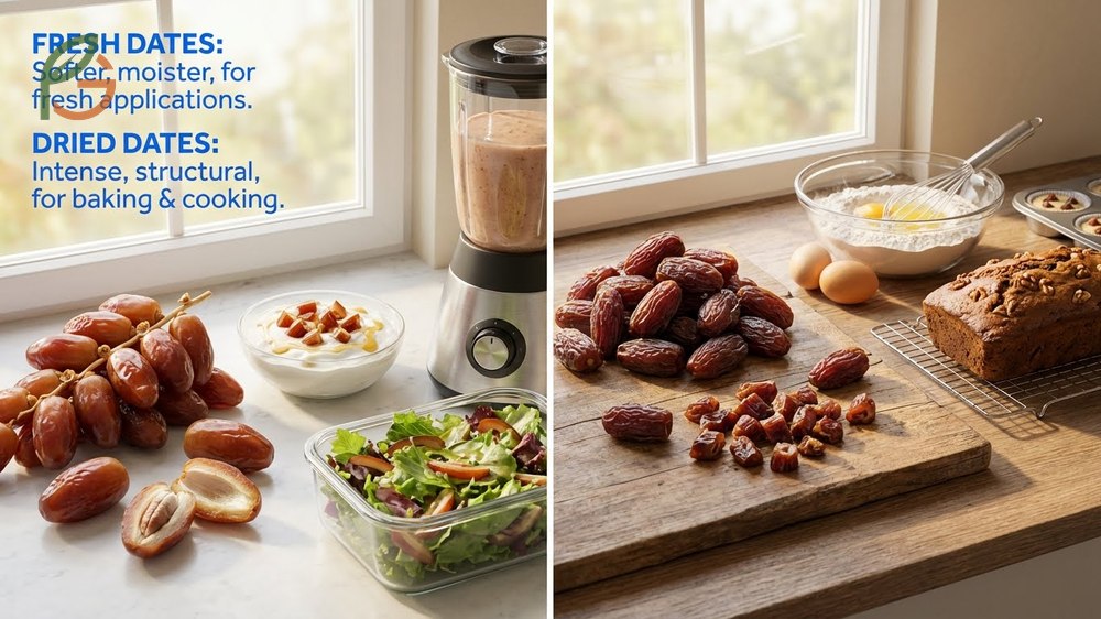 Culinary uses for each date type include stuffing fresh dates with cheese and using dried dates for baking structural integrity.