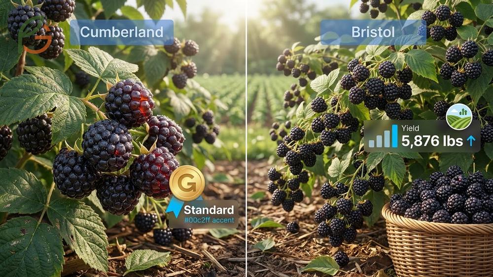 Cumberland and Bristol varieties comparison showing Bristol producing up to 5876 lbs per acre in trials.