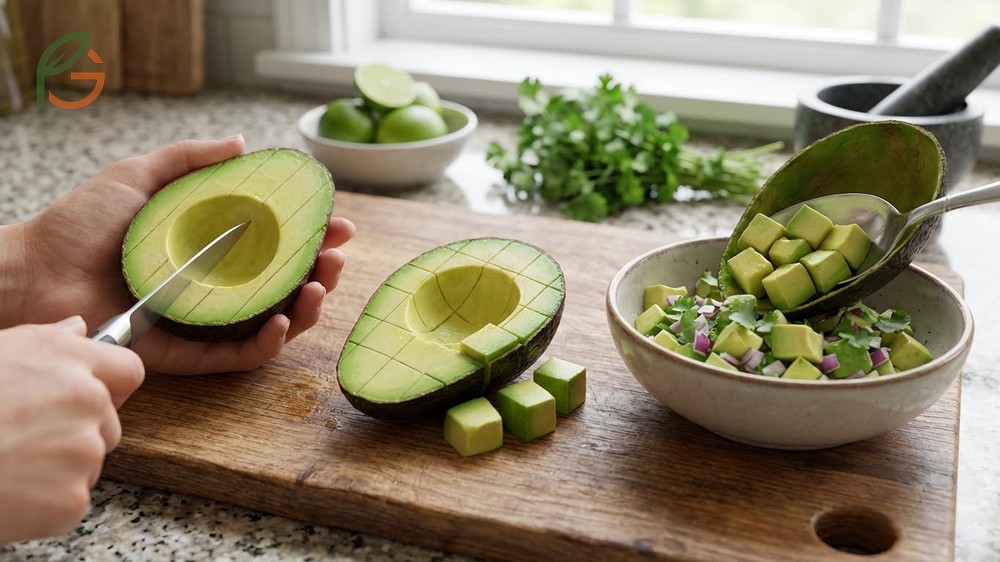 Dicing avocado for guacamole by scoring crosshatch patterns in the skin for uniform cubes.