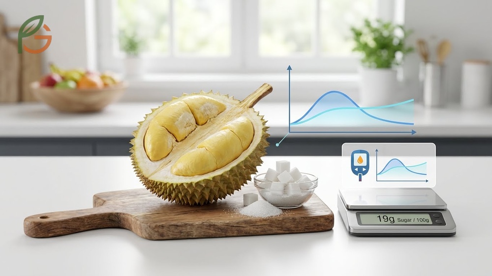 Durian sugar content consists of 19g natural sugars per 100g with a glycemic index ranging from 49 to 65.