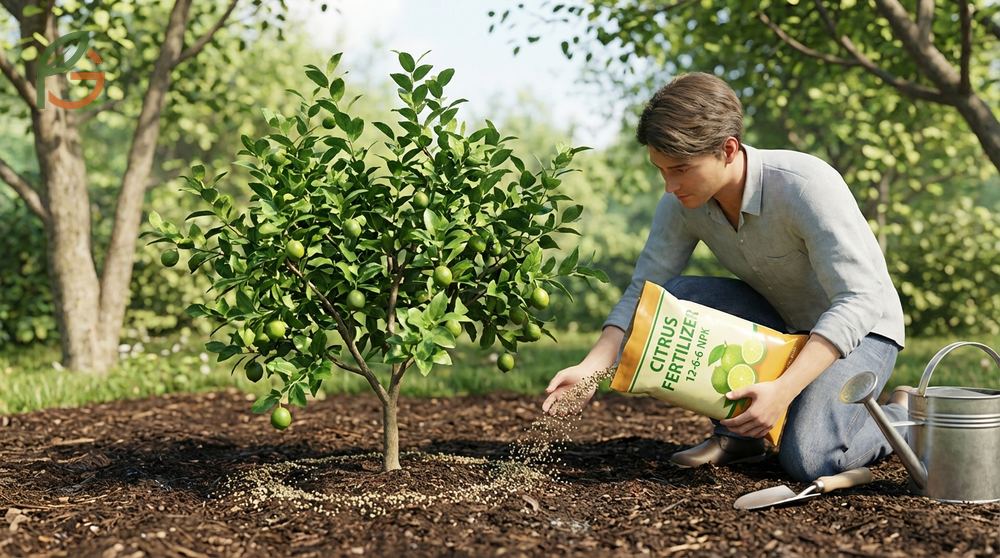 Fertilizer for lime tree recommendations using balanced nutrients three times yearly to maintain green leaves.