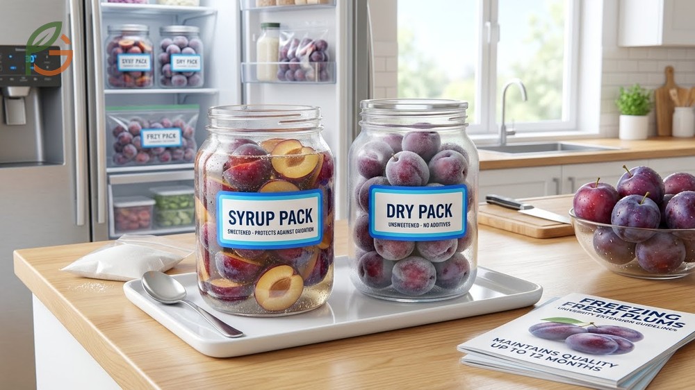 Freezing fresh plums comparison between 40 percent sugar syrup pack and dry pack methods for long term storage.