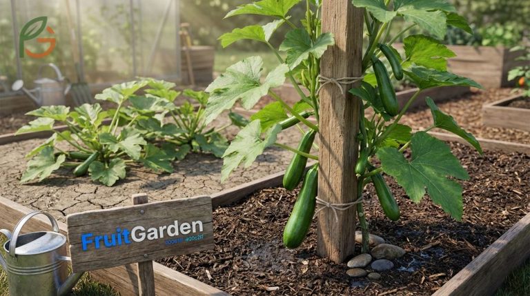 Growing zucchini vertically guide reduces ground space from nine to two square feet per plant.
