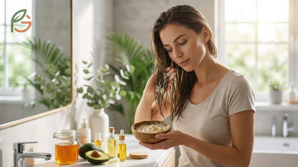 Homemade hair treatment application steps ensuring even distribution from ends to roots for 20 to 30 minutes.