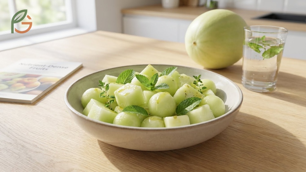 Honeydew melon salad nutrition facts highlighting 36 calories per 100g and antioxidant benefits.