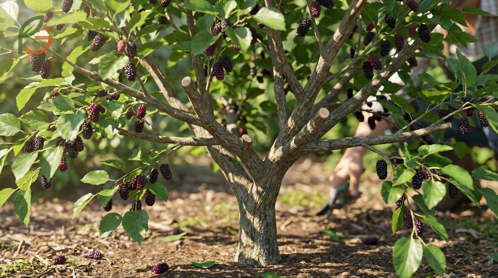 Keeping mulberry trees small involves summer pruning and winter heading cuts to maintain height at 8 to 12 feet.