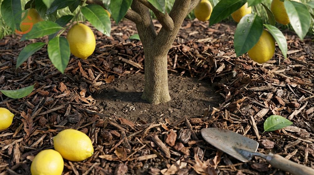 Mulching citrus trees with organic materials retains soil moisture and regulates temperature for better root health.