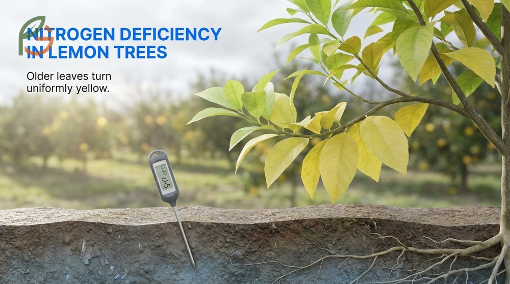 Nitrogen deficiency in lemon trees causes uniform yellowing of older leaves near the trunk during cold weather.