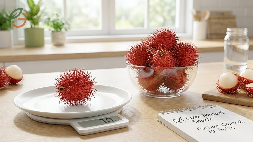 One rambutan calories breakdown showing 7 to 9 calories per medium fruit with negligible fat content for portion control.