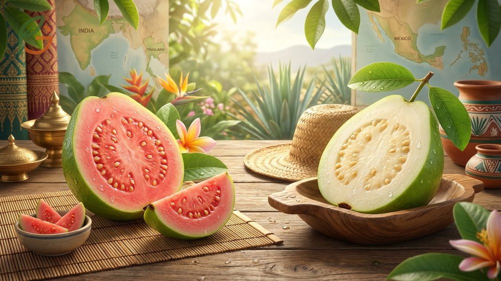 Pink vs White guava comparison showing vibrant pink flesh versus creamy white interiors.