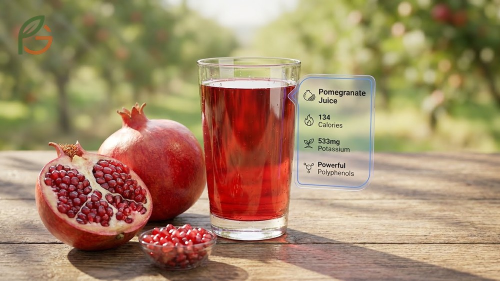 Pomegranate juice nutrition facts displaying 533mg potassium content per serving.