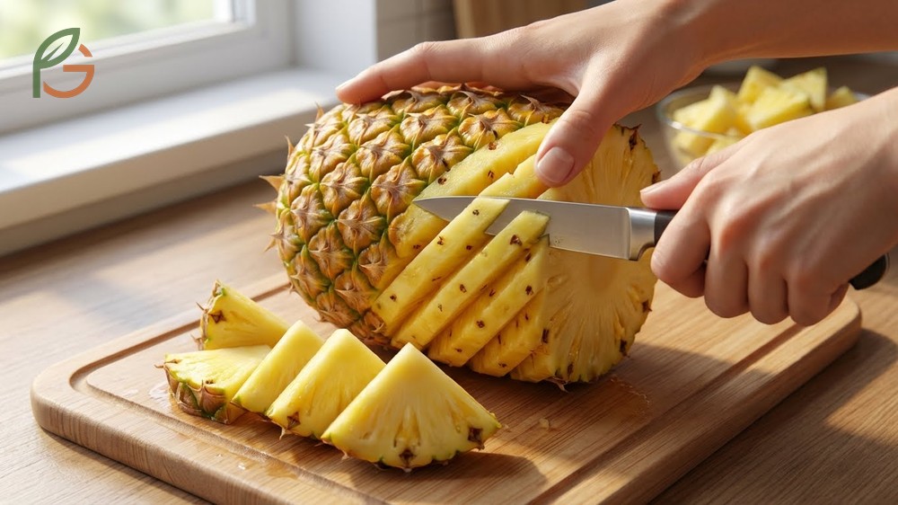 How to cut a pineapple involves removing eyes with diagonal v-shaped cuts for a clean finish.