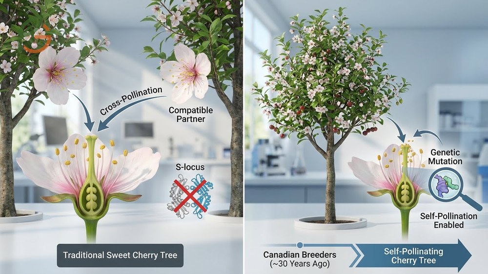Self-pollinating cherry trees genetic mutations allow pollen to fertilize the same flower successfully.