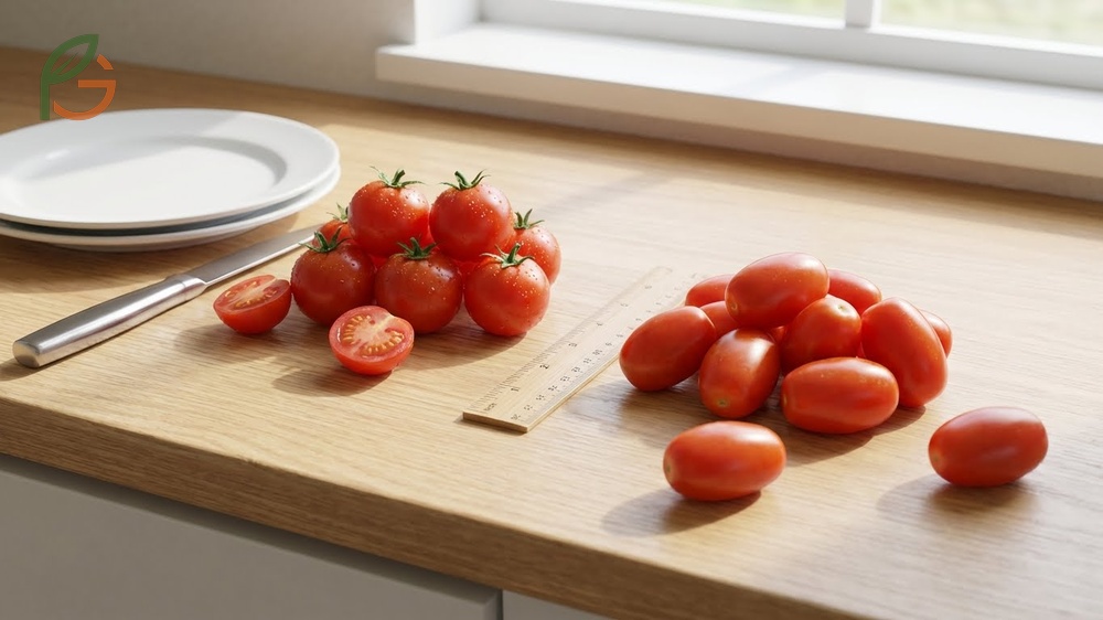 Cherry tomatoes vs grape tomatoes size comparison showing spherical 1 inch fruit versus oblong 2 inch fruit.