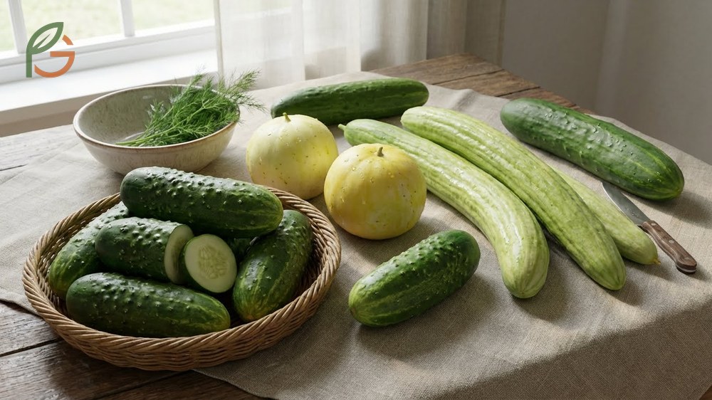 Assortment of specialty cucumbers including round yellow lemon cucumbers and bumpy kirby pickling types.