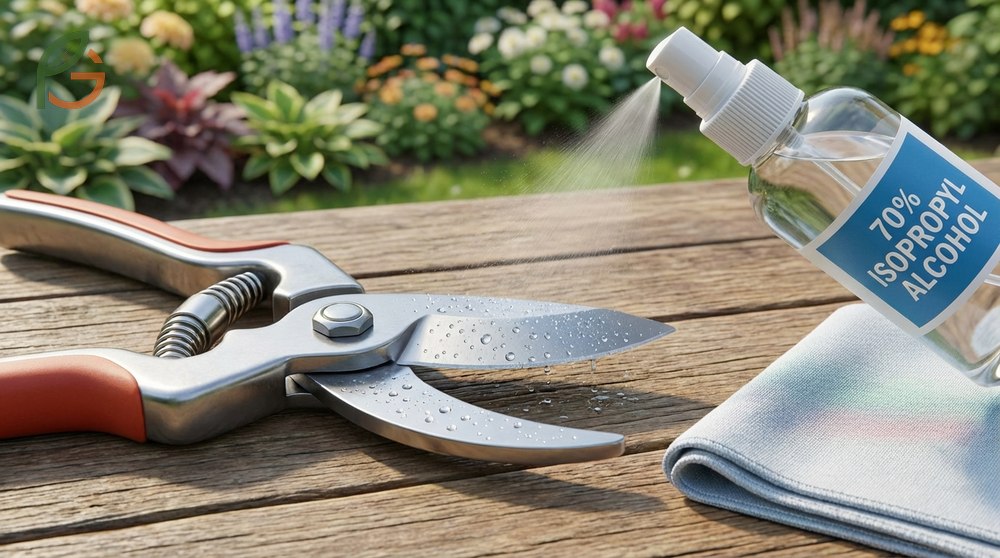 Sterilizing pruning shears with 70 percent rubbing alcohol for 30 seconds prevents disease transmission.