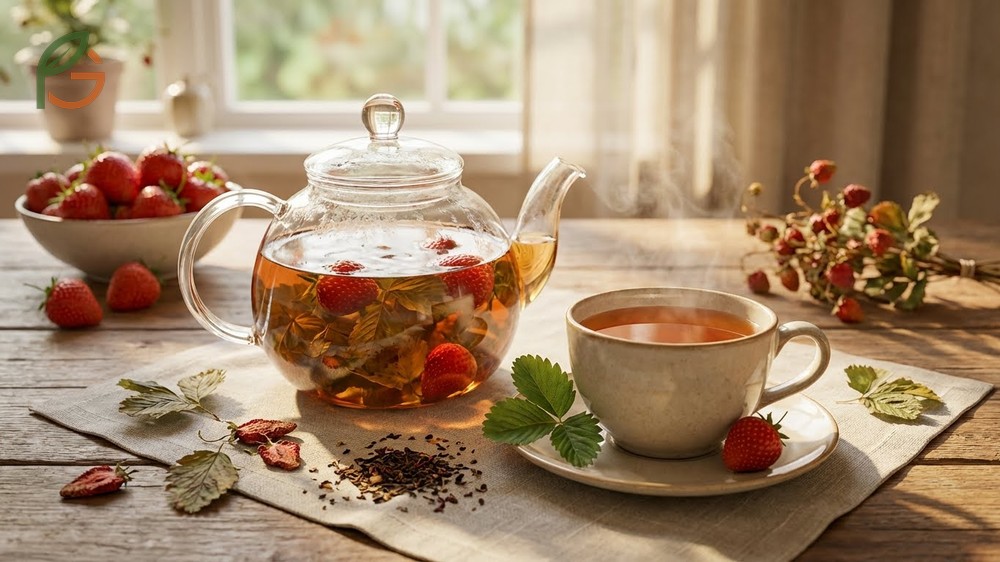 A cup of warm strawberry leaf tea brewed to support cardiovascular health and skin wellness.