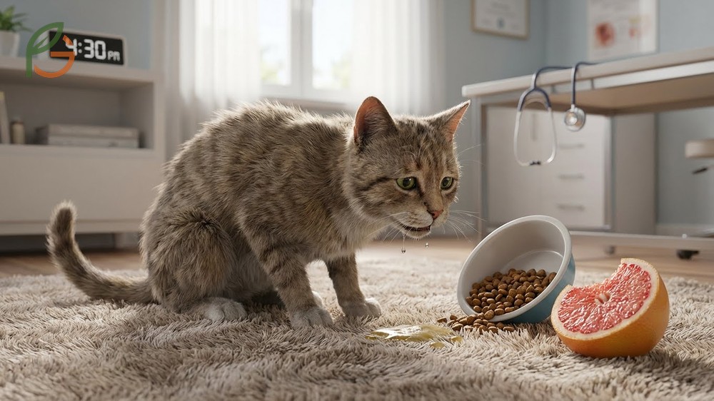 Symptoms of citrus poisoning in cats including vomiting drooling and photosensitivity reactions.