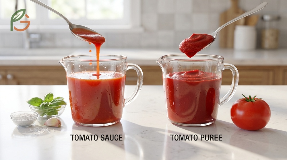 Difference between sauce and puree showing varying thickness levels and seasoning ingredients.