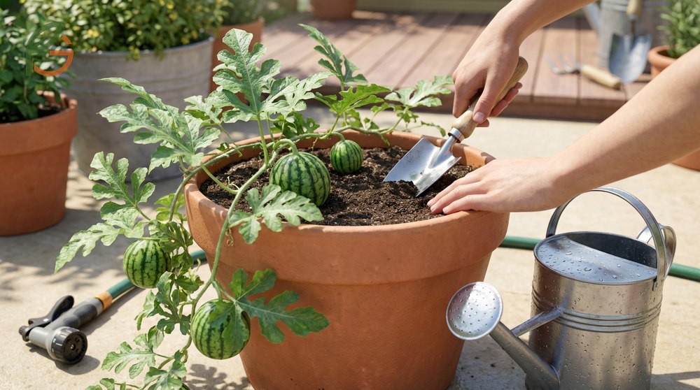 Watering schedule for containers requires daily moisture checks and twice-daily watering in temperatures above 85 degrees.