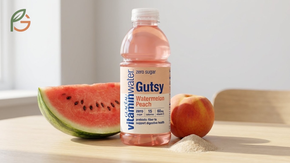 Watermelon peach vitamin water offers prebiotic fiber and vitamins with zero sugar for a healthy hydration option.