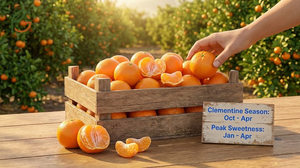 Clementines are in season from October through April with peak availability in early winter months.