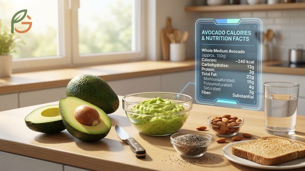 Avocado calories and nutrition facts showing a medium fruit contains 240 calories and high fiber.