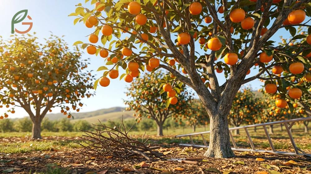 Annual pruning maintains persimmon tree health by improving light distribution and preventing branch breakage from heavy fruit loads.