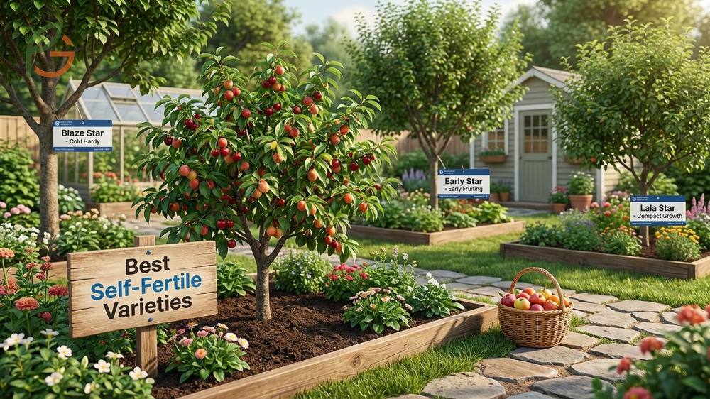 Best self-fertile varieties like Stella and Lapins producing large dark red cherries for home gardens.