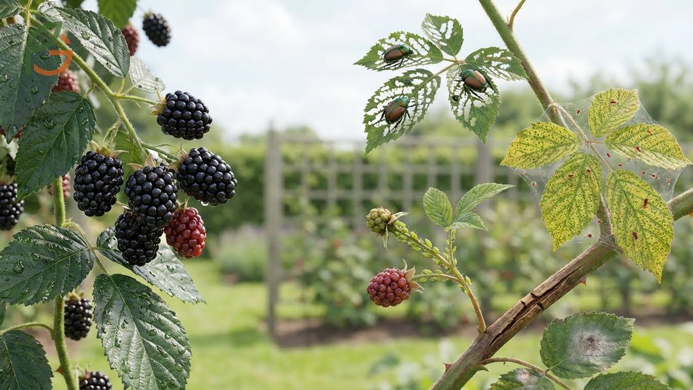 Blackberry pests and diseases like Japanese beetles and anthracnose can be managed through sanitation and proper spacing.