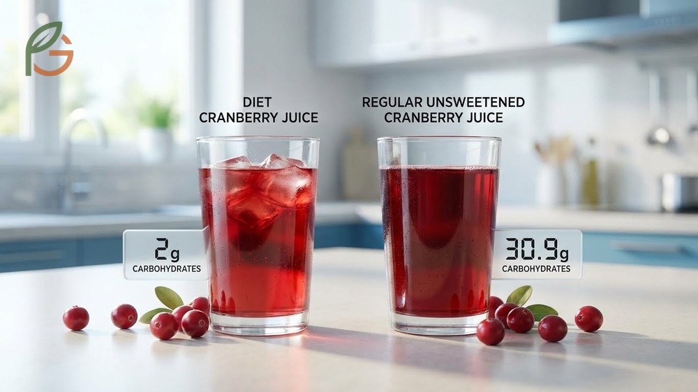 Carbs in cranberry juice comparison showing low carb count for diet options versus regular.