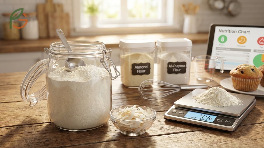 Coconut flour keto baking advantages showing lower net carbs and higher fiber than traditional flours.