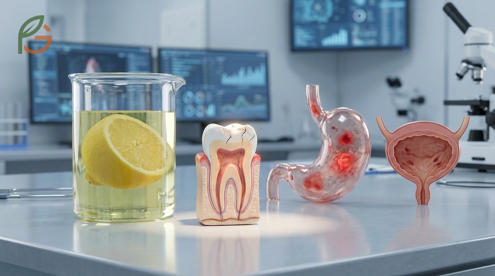 Daily consumption poses risks like enamel erosion due to 1.44 grams of citric acid per ounce of juice.