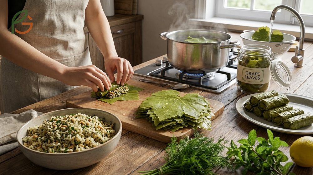 Dolmades recipe preparation showing fresh grape leaves rolled with savory rice and herb filling for a classic appetizer.