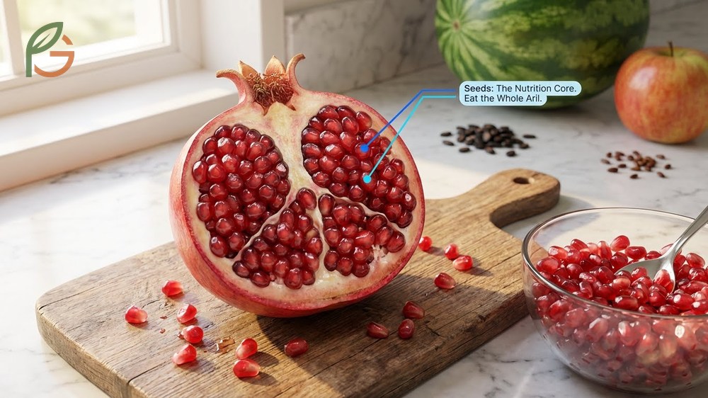 Are you supposed to eat pomegranate seeds by chewing for fiber or swallowing whole for convenience.