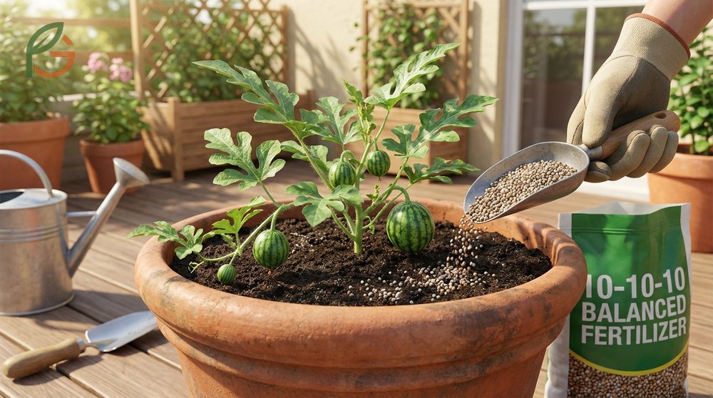 Fertilizing potted watermelons involves applying phosphorus-rich formulas weekly during the flowering stage.